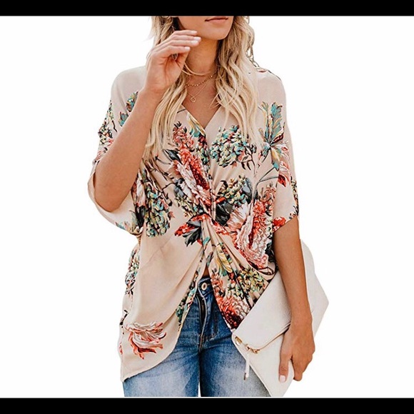 Tops - 🆕 Sleeve V Neck Ruched Twist Floral Print Blouse